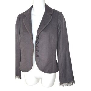 Rebecca Taylor Brown Wool Jacket Lace Trim Bow Accent Peplum Romantic Boho sz 4